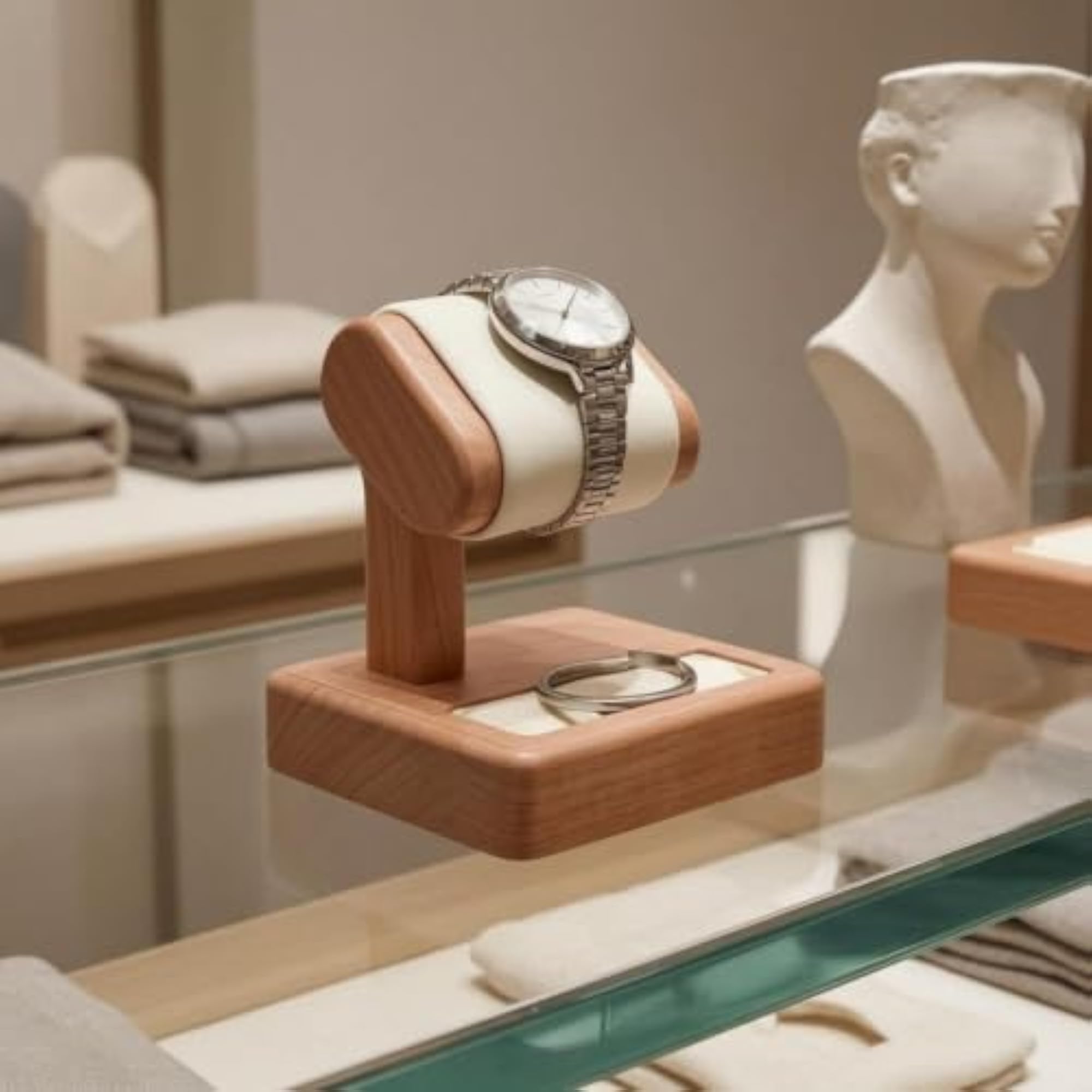 Textile-Covered Wooden Watch Display Stand